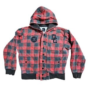 DC Shoes Mens Plaid Snap Button Hoodie Jacket S Streetwear Skater Emo Punk